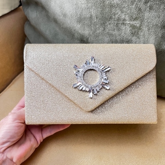 NWT Gold Glitter & Rhinestone Accent Envelope Evening/Clutch/Crossbody Bag - Picture 5 of 14